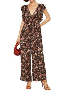 Madewell,  Deep-V Ruffled Floral Black & Pink Wide-Leg Jumpsuit